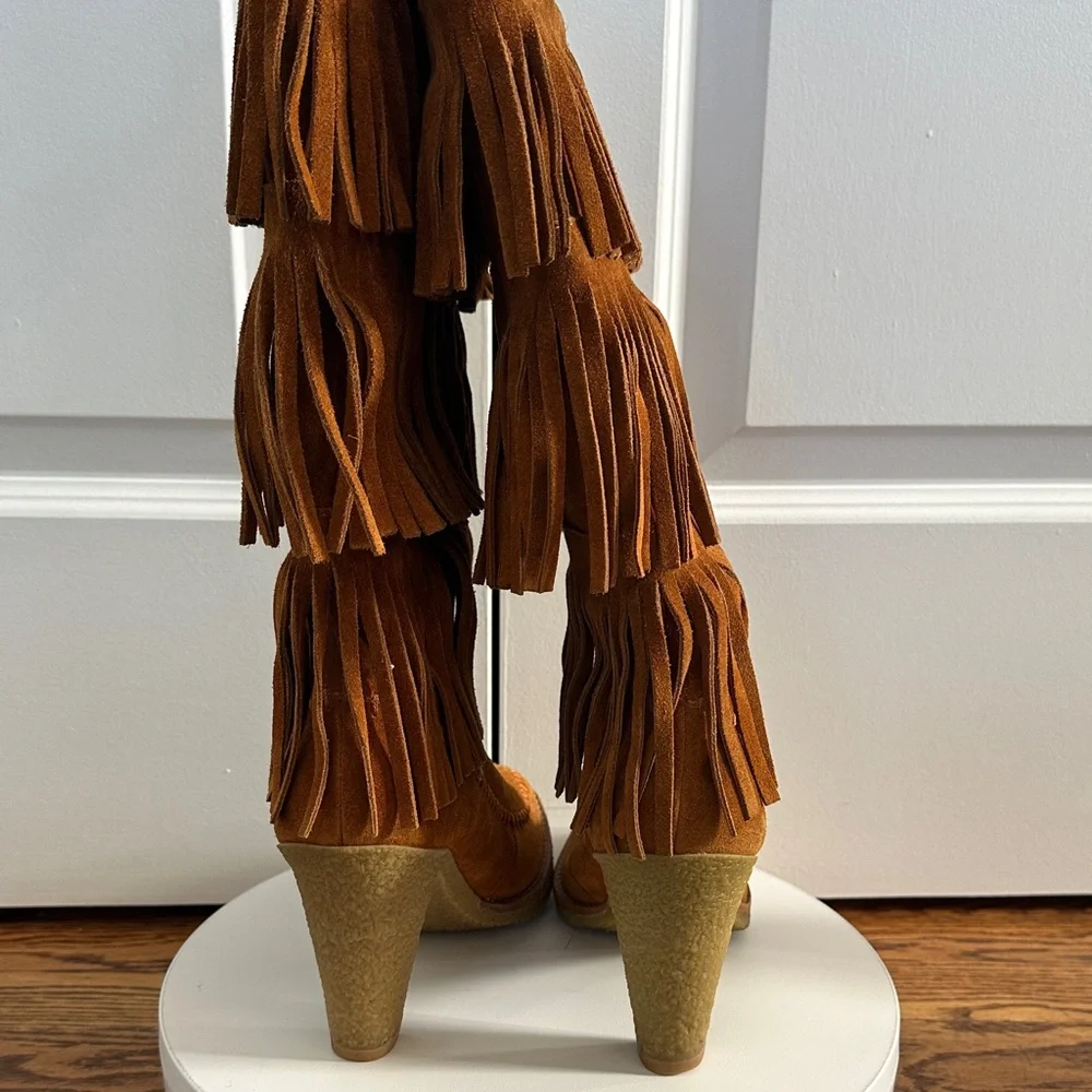 Michael Kors Brown Caramel Tiered Fringe Western Suede Leather Boho Boots Size 7 - Picture 7 of 13